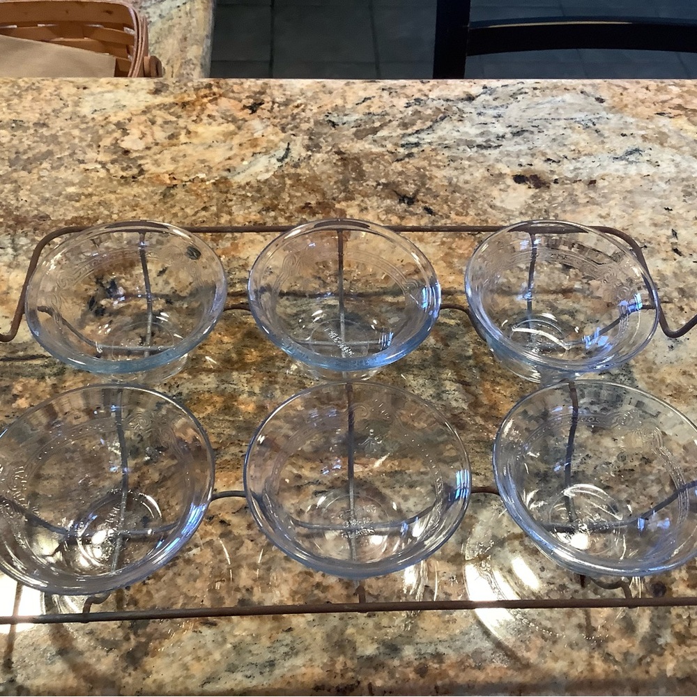 Fire King Depression glass custard pudding cups with metal holder